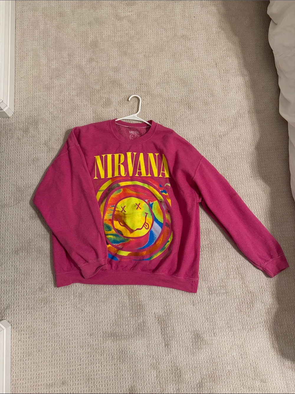 NIRVANA Pink Sweatshirt with Neon Smiley Graphic - Picture 3 of 3